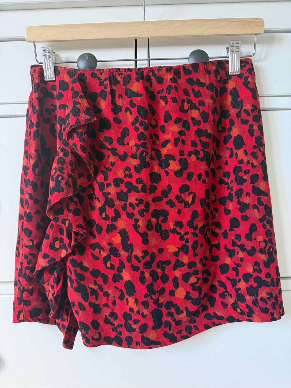 Dex Red and Black Leopard Print Ruffle Mini Skirt